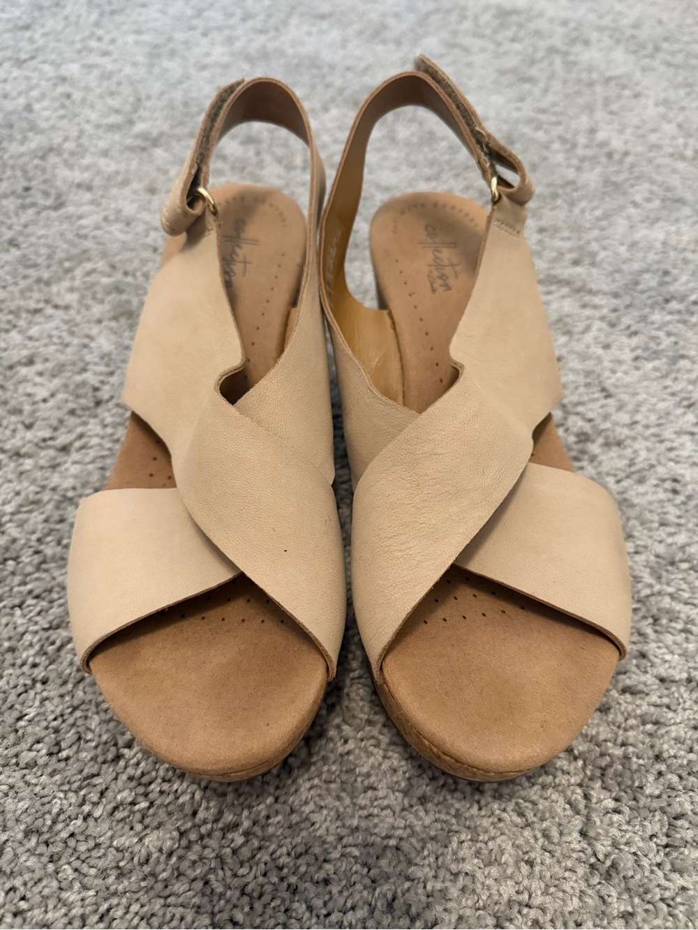 Clarks Beige Cross-Strap Slingback Wedge Sandals